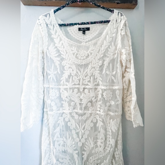 Cream Embroidered Tulle Swim Cover Up, Large - Picture 3 of 5